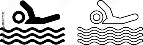 Set of minimalist black and outline swimming icons featuring a person in wavy water with clean light for energetic fitness.