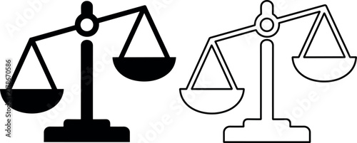 Minimalist scales of justice icons representing fairness and equality in a legal setting under clean bright studio lighting.