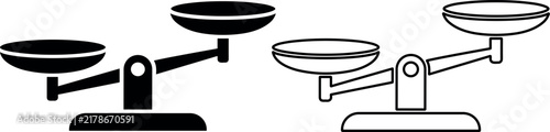 Minimalist black and white balance scale icons displaying an unfair tilt representing justice on a bright white background.