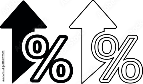 Professional minimalist black and white graphic icons of percent signs with upward arrows on a plain background for growth.