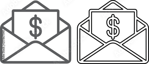 Minimalist professional line icons of open envelopes with dollar signs, showing secure digital payments in a bright office space.