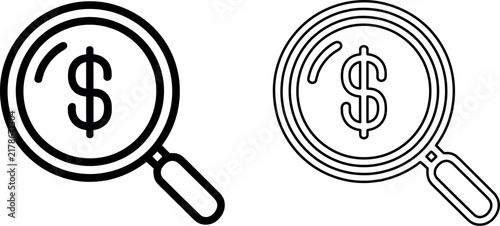 Two minimalist magnifying glass icons focusing on a dollar sign symbol for precise financial analysis on white background.