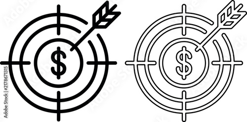 Clean vector line icons of a target and dollar sign on a white background representing strategic financial growth and success.