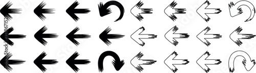 Creative set of hand-drawn grunge brush stroke arrows isolated on white background evoking raw motion with dark black ink.