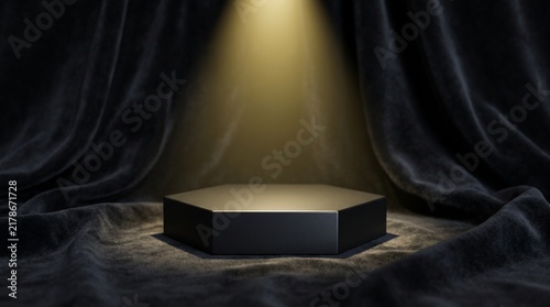 Dark Luxury Black Podium with Velvet Drape Background