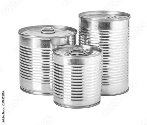 Tin food cans group displaying preservation and storage