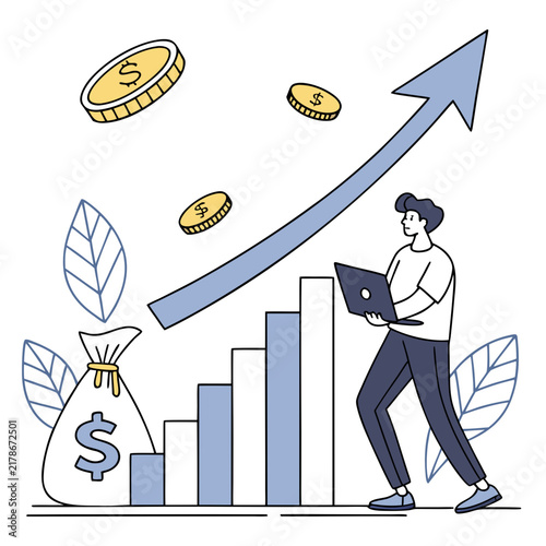Financial profit and wealth management vector illustration with laptop and money bag investment business illustration progress earnings commerce technology computer professional strategy