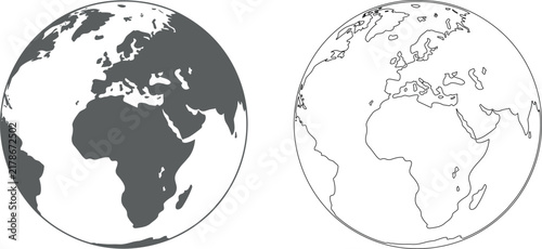 Two minimalist world globe icons featuring solid and outline designs of Earth on a flat white studio background setting.