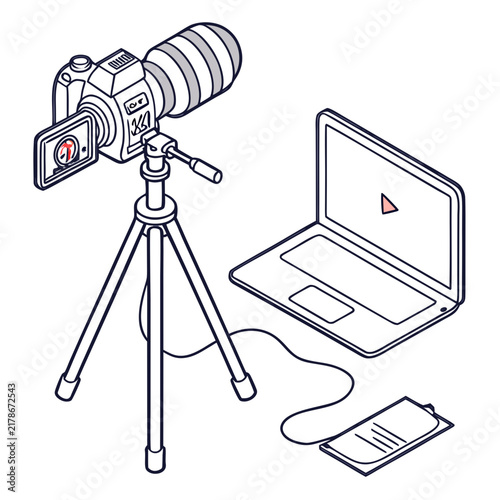 Isometric professional camera on tripod recording setup vector illustration with recording illustration isometric photography equipment production broadcast technology computer document