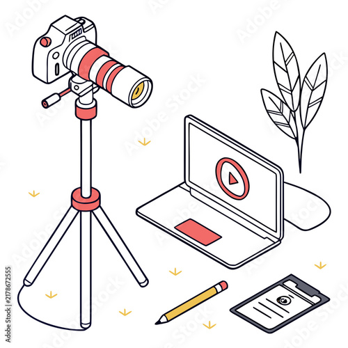 Isometric camera on tripod with laptop and plant vector illustration isometric recording photography equipment computer document production technology workplace broadcast