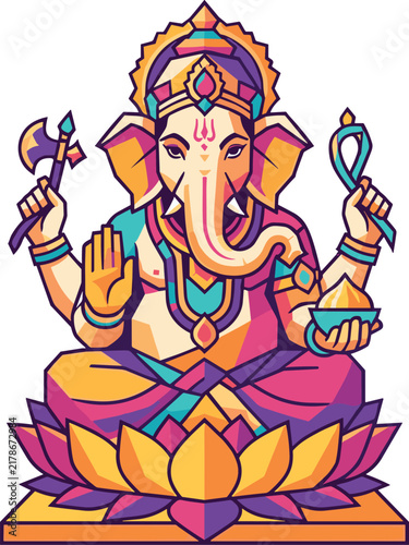 Colorful Lord Ganesha vector illustration sitting on lotus flower for Ganesh Chaturthi festival isolated on white background