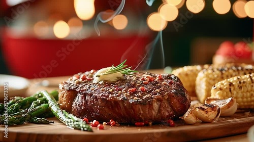 Grilled Steak With Garlic Butter And Fresh Vegetables On Wooden Plate, Oozing Flavor And Aroma