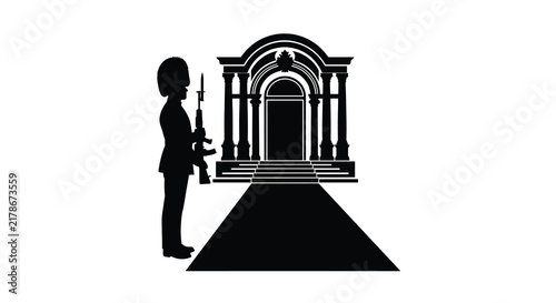Obraz na plátně Silhouette of guard with rifle and architectural facade on white background