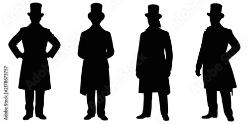 Bild auf Leinwand Four black silhouettes of men wearing vintage nineteenth century hats and long c