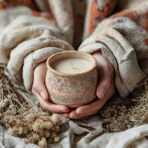 Unique handcrafted ceramic candle held in hands surrounded by dried flowers in a cozy setting