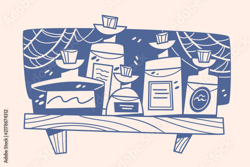Potions shelf vector illustration with magic bottles, jars, and spider webs in line art doodle style