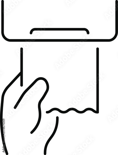 Hand pulling paper towel from dispenser outline icon vector graphic with dispenser bathroom minimalist
