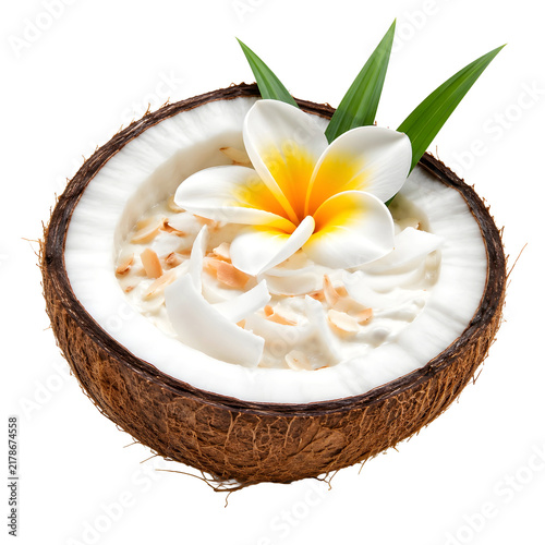 Tropical coconut bowl filled with coconut milk and decorated with white frangipani flowers isolated on white background