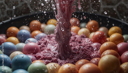 Multicoloured mini chocolate eggs bowl pink frothy liquid