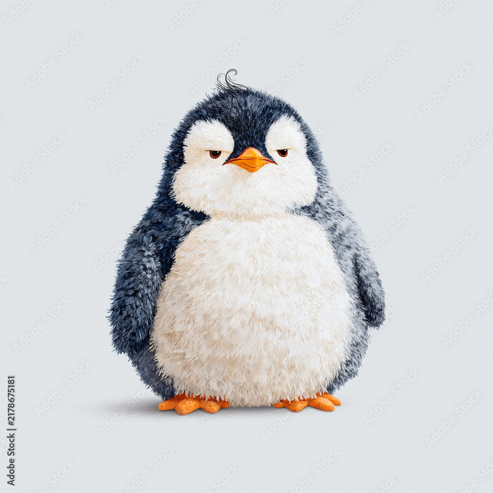 Fototapeta premium Cute fluffy penguin character with a grumpy expression standing against a plain background