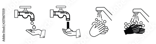 Hand washing icon set showing water tap, soap bubbles, sanitizing hands, and hygiene practices for virus protection and health care
