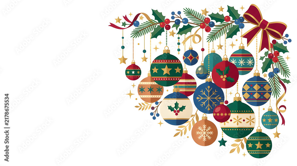 Fototapeta premium Christmas graphic border made of colorful Christmas baubles, elegant flat vector style, balanced festive composition, pure white background, no text