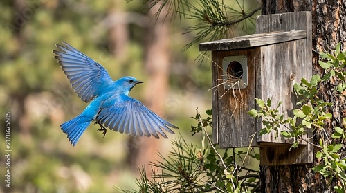 Bluebird flies near wooden nesting box on tree trunk