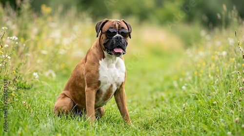 Boxer dog wearing sunglasses sitting in a sunny meadow