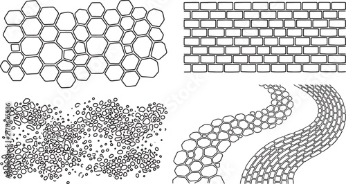 Set of hand drawn stone and brick textures for architectural design and landscape mapping in vector style