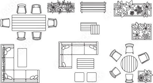 Top view furniture layout set with outdoor seating and plants for architectural floor plans in vector line art