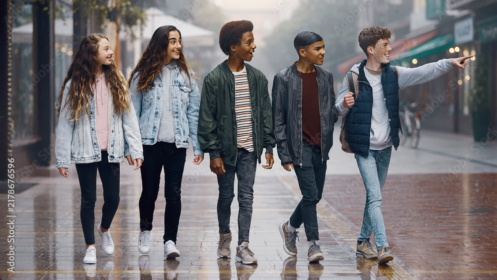 Fototapeta premium Group of five teenager walking on wet street