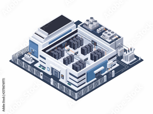 Datacenter building illustrated as a modern isometric vector icon featuring server racks and cooling units on a white background.