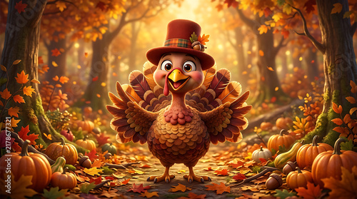 A cute cartoon turkey wearing a festive hat standing in a beautiful autumn forest wishing everyone a happy thanksgiving day celebration