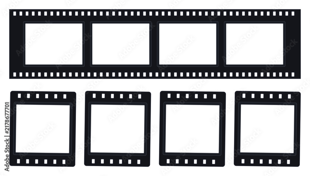 Fototapeta premium Horizontal film strip and individual photo frames isolated on transparent background