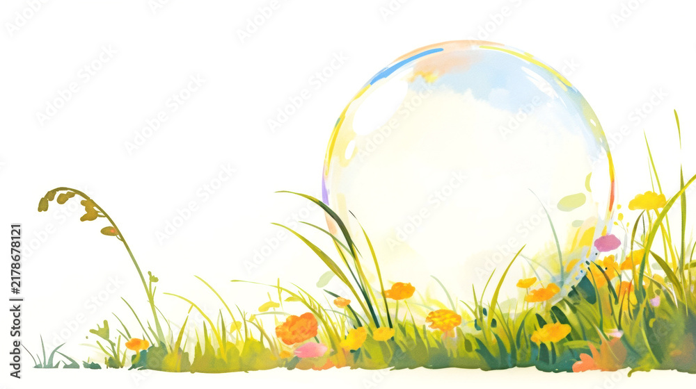Naklejka premium Colorful illustration of a large soap bubble resting on a grassy field adorned with vibrant flowers and delicate green blades, creating a serene natural scene