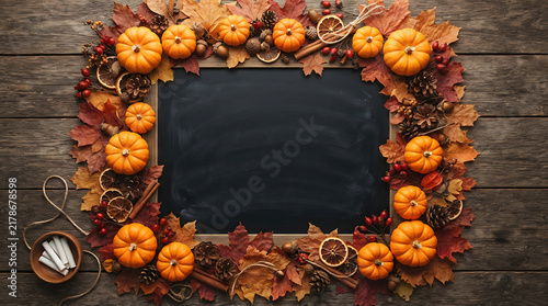 A beautiful rustic chalkboard frame decorated with autumn leaves and small pumpkins to celebrate a festive happy thanksgiving day seasonal event