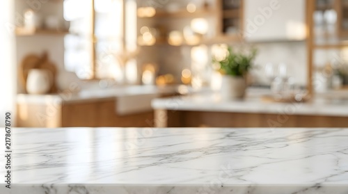 Empty white marble table top with blurred kitchen interior background, product display counter for food or kitchenware presentation