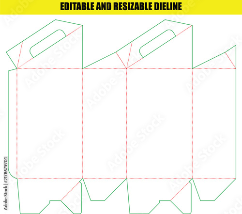 Packaging box dieline template for product wrapping with integrated handle and clear folding line guide