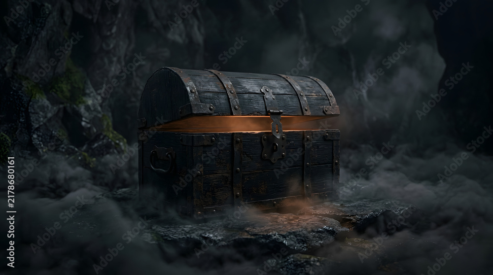 Fototapeta premium Antique wooden pirate chest with metal bands in dark cave with fog and mist, treasure chest in dungeon with rocky walls isolated on White Background Happy Halloween
