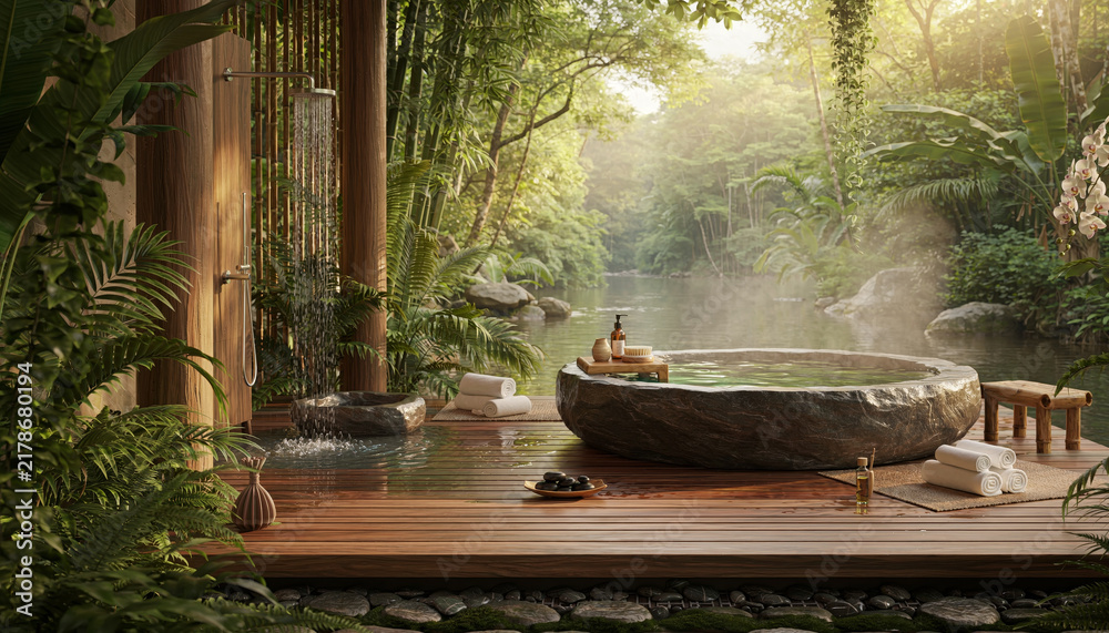 Obraz premium A tranquil outdoor hot spring bath surrounded by lush greenery.