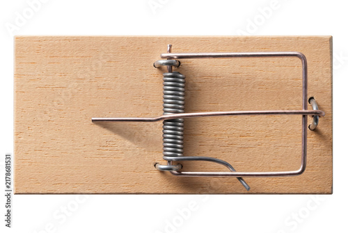 Fotografie Top view of a wooden spring loaded mouse trap
