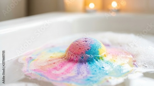 Colorful effervescent bath bomb in a relaxing bubble bath background