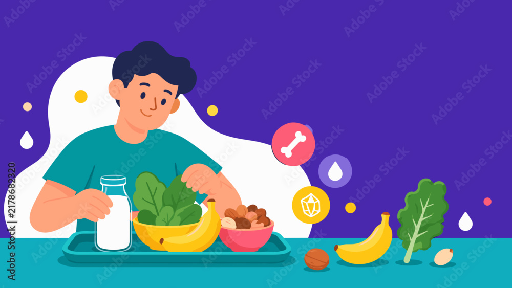 Naklejka premium Young man smiles while holding milk and fresh produce. He sits at a vibrant table with colorful fruits and vegetables. Bananas, leafy greens, nuts, and a bone icon float nearby