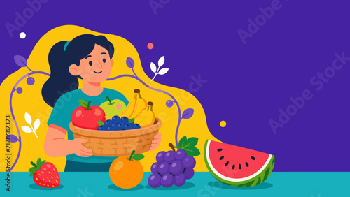 Bild auf Leinwand Cheerful girl holds fruit basket vibrant colors fill the scene healthy eating th