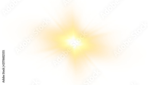 Sunburst light bloom with glowing orange yellow rays, soft radial glow center, and jagged edge on transparent background.