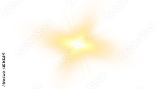 Glowing sunburst flare icon with warm golden yellow center, orange halo rings, and starburst rays, transparent background isolated.