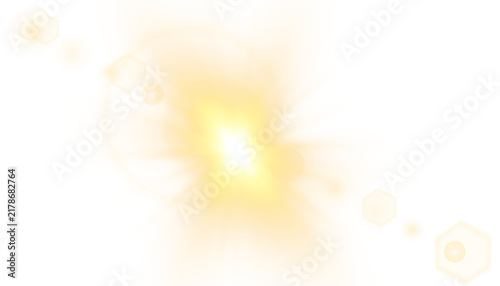 Abstract golden light sun flare with glowing lens bokeh circles and rays, warm orange glow with particle highlights isolated on transparent background.