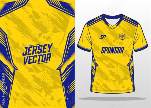 Yellow and Blue Sports Jersey Design with Abstract Grunge Geometric Pattern