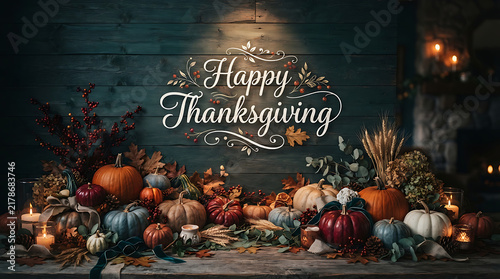 A rustic wooden background featuring a beautiful festive arrangement of pumpkins and autumn leaves to celebrate a happy thanksgiving day event