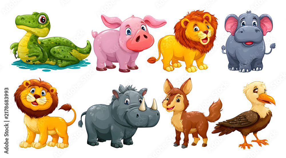 Fototapeta premium Colorful cartoon zoo animals set for kids design projects